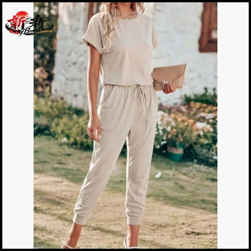 Polyester Jumpsuit with Drawstring, Side Pockets, Keyhole Back